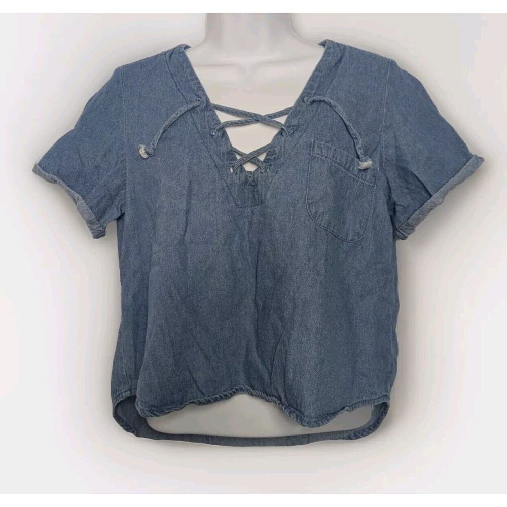 Brandy Melville Blue Denim Ily Top Cropped Crisscross Laced Tie Front One Size S